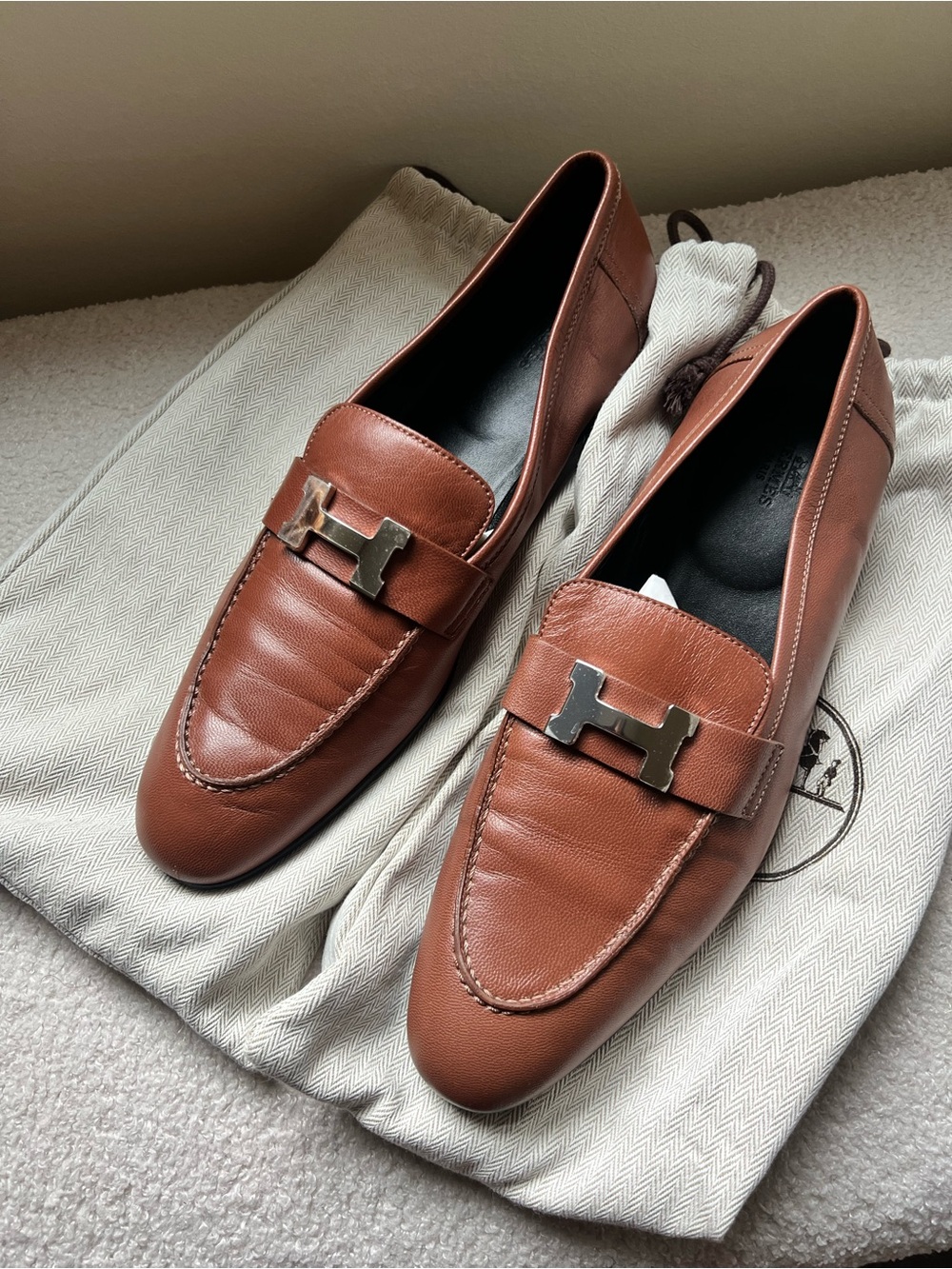 AUTHENTIC Hermes Brown Leather Women's Loafers with Silver H Accent size 40